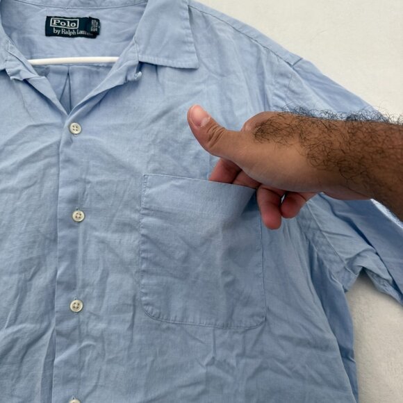 Polo Ralph Lauren Camp Shirt Men L Blue Pocket Loop Collar Linen Blend Button Up - Picture 7 of 9
